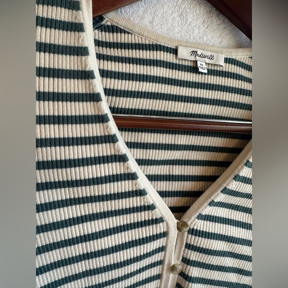 Madewell Carmon Crop Cardigan Striped Teal and Cream Sweater Women's Top - Picture 3 of 6